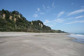 Ein ruhiger Strandabschnitt während der Fahrt von Tauranga nach Gisborne